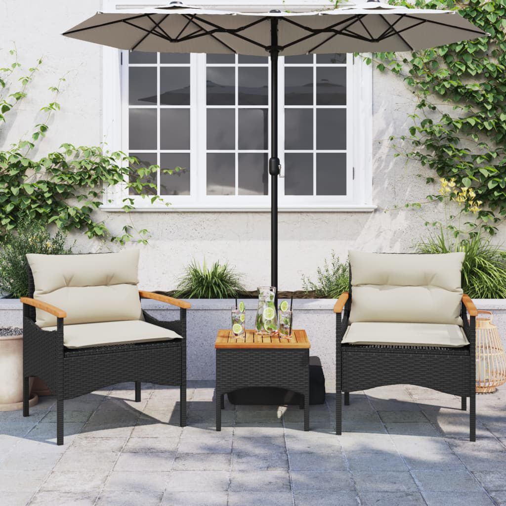 vidaXL 3 Piece Garden Sofa Set with Cushions Black Poly Rattan