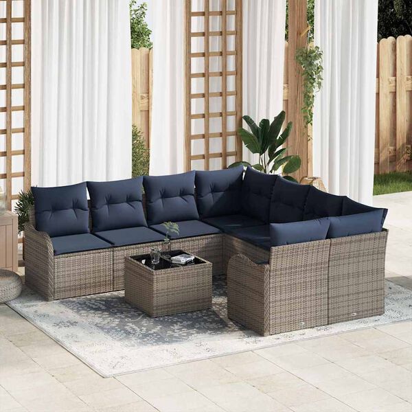 vidaXL Garden Sofa Set with Cushion Manual 9 pcs Grey Poly Rattan