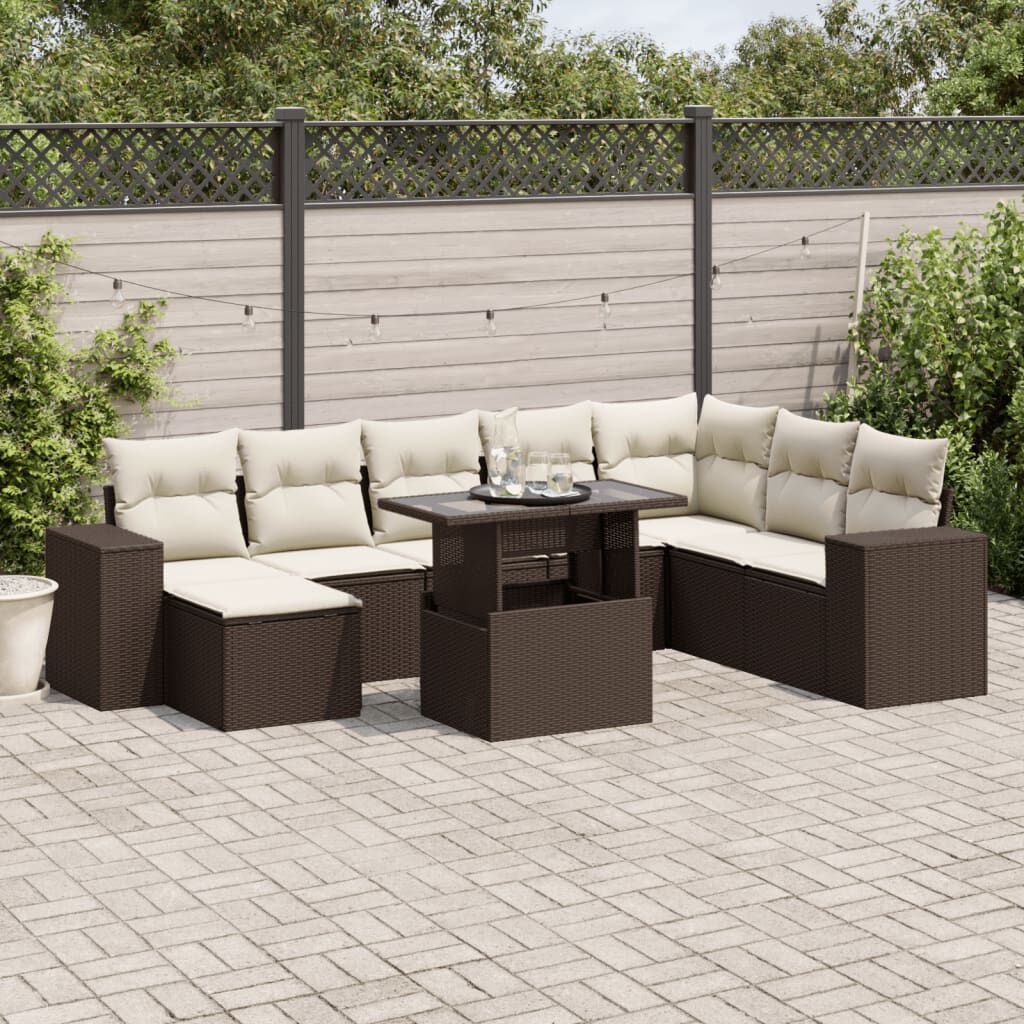 vidaXL 9 Piece Garden Sofa Set with Cushions Brown Poly Rattan