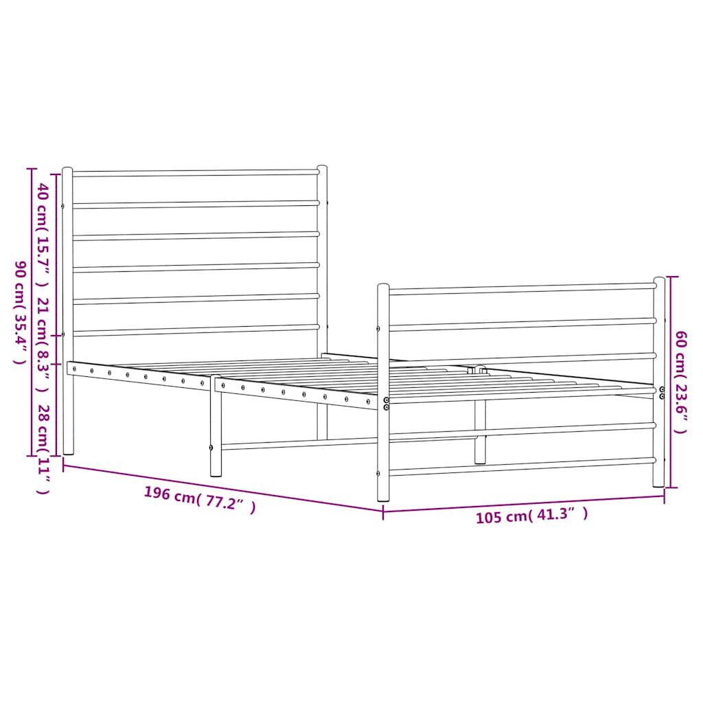 vidaXL Metal Bed Frame without Mattress with Footboard White 100x190cm