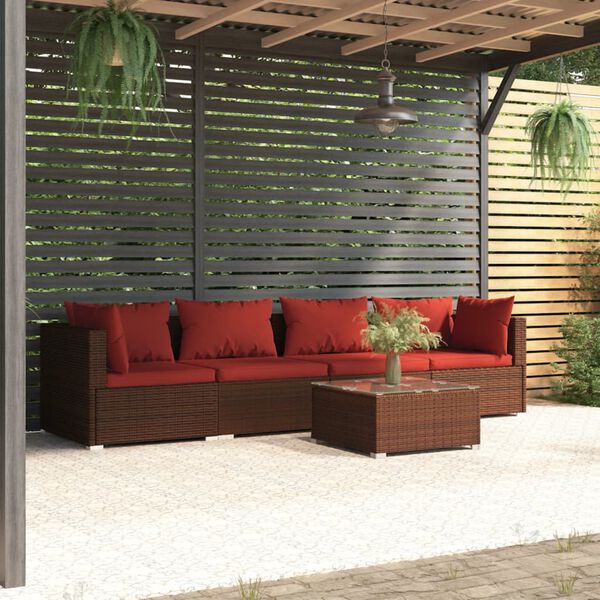 vidaXL 5 Piece Garden Lounge Set with Cushions Poly Rattan Brown
