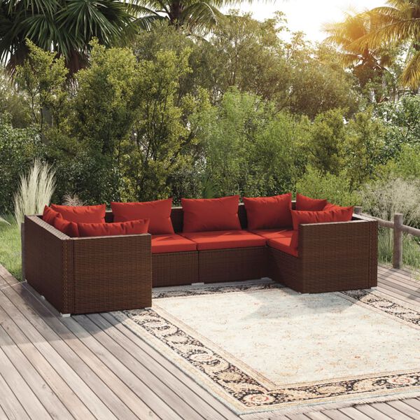 vidaXL 6 Piece Garden Lounge Set with Cushions Poly Rattan Brown