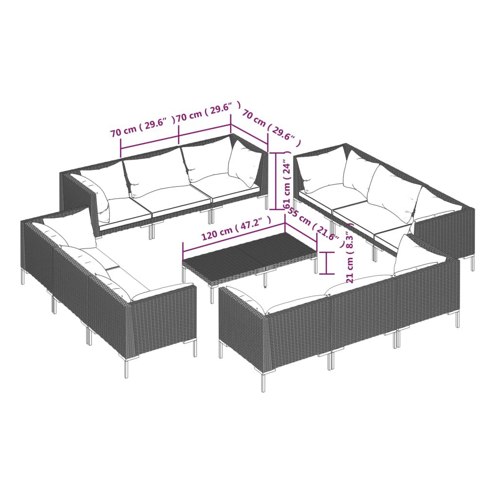 vidaXL 13 Piece Garden Lounge Set with Cushions Poly Rattan Dark Grey
