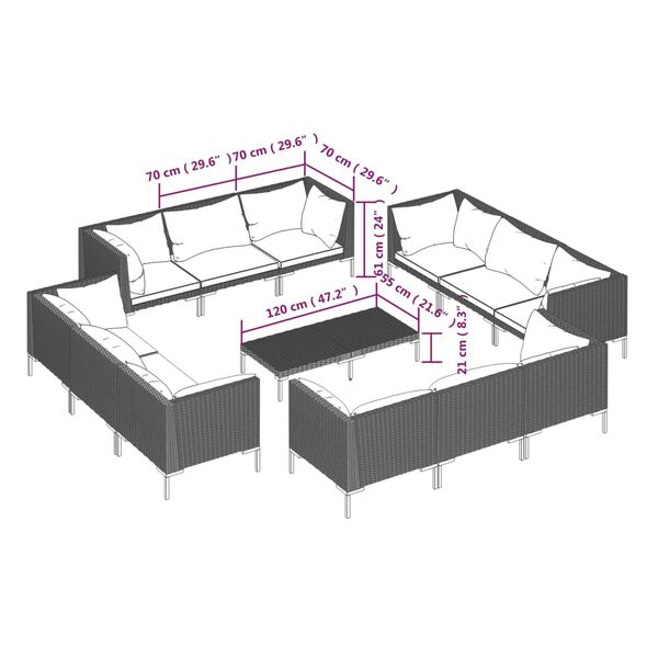 vidaXL 13 Piece Garden Lounge Set with Cushions Poly Rattan Dark Grey