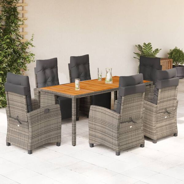 vidaXL 7 Piece Garden Dining Set with Cushions Grey Poly Rattan