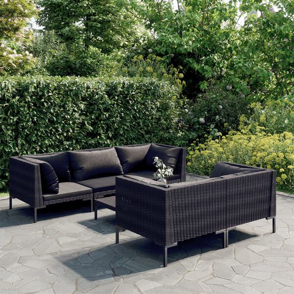 vidaXL 6 Piece Garden Lounge Set with Cushions Poly Rattan Dark Grey