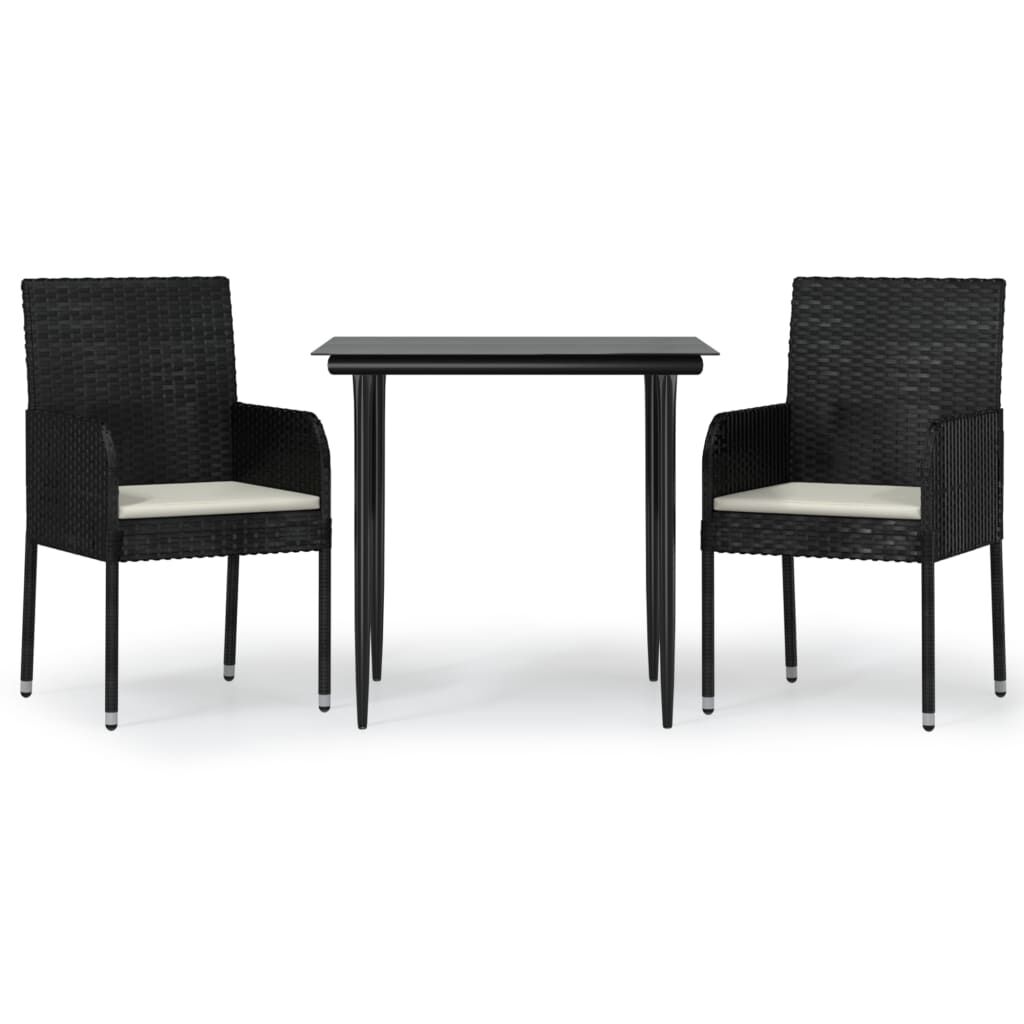 vidaXL 3 Piece Garden Dining Set with Cushions Black Poly Rattan
