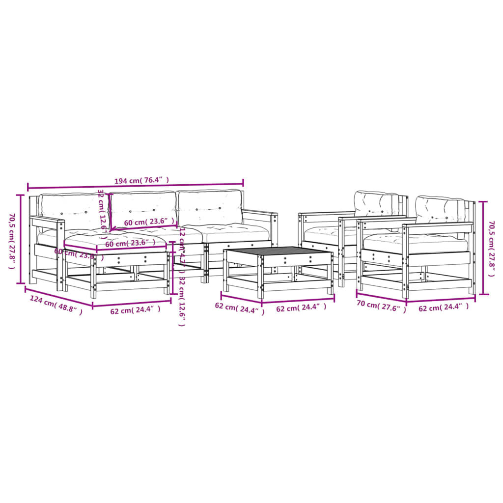vidaXL 7 Piece Garden Lounge Set with Cushions White Solid Wood