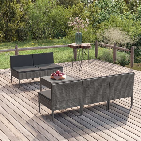 vidaXL 6 Piece Garden Lounge Set with Cushions Poly Rattan Grey