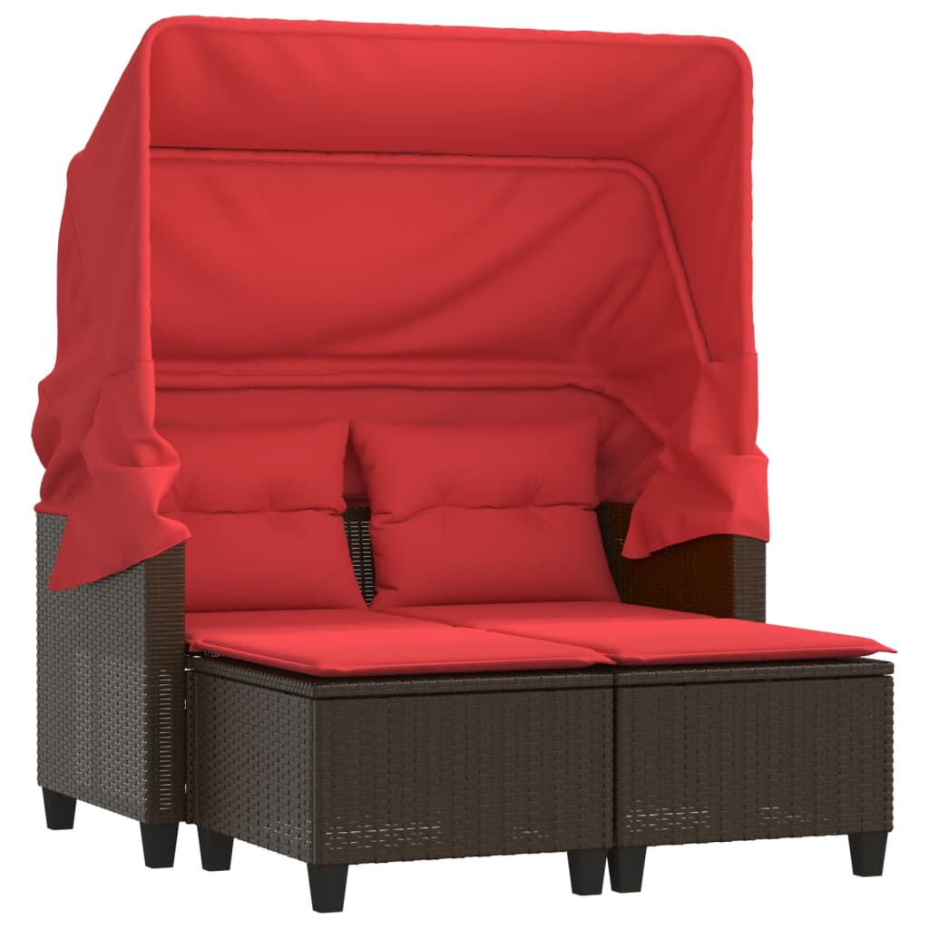 vidaXL Garden Sofa 2-Seater with Canopy and Stools Brown Poly Rattan
