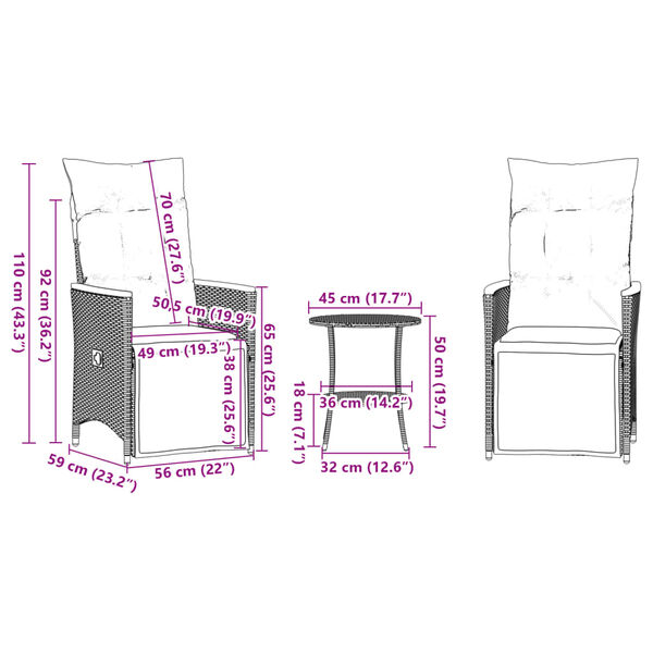 vidaXL 3 Piece Bistro Set with Cushions Grey Poly Rattan