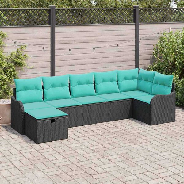 vidaXL Sofa Set with Cushion Manual Black and Turquoise Poly Rattan