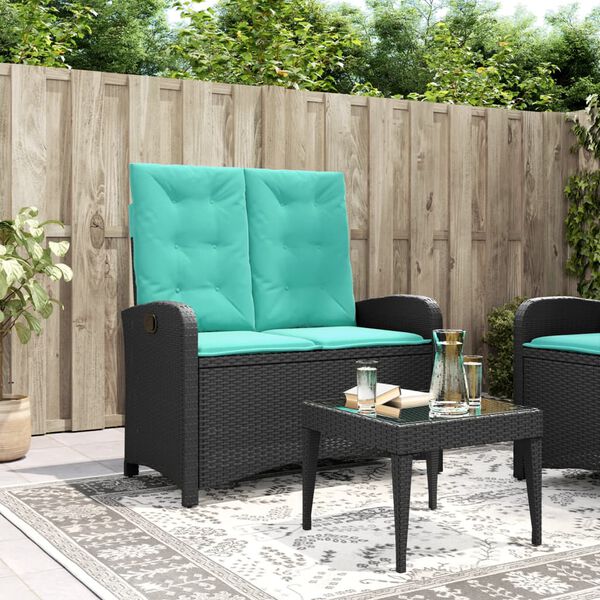vidaXL Reclining Garden Bench with Cushions Black Poly Rattan