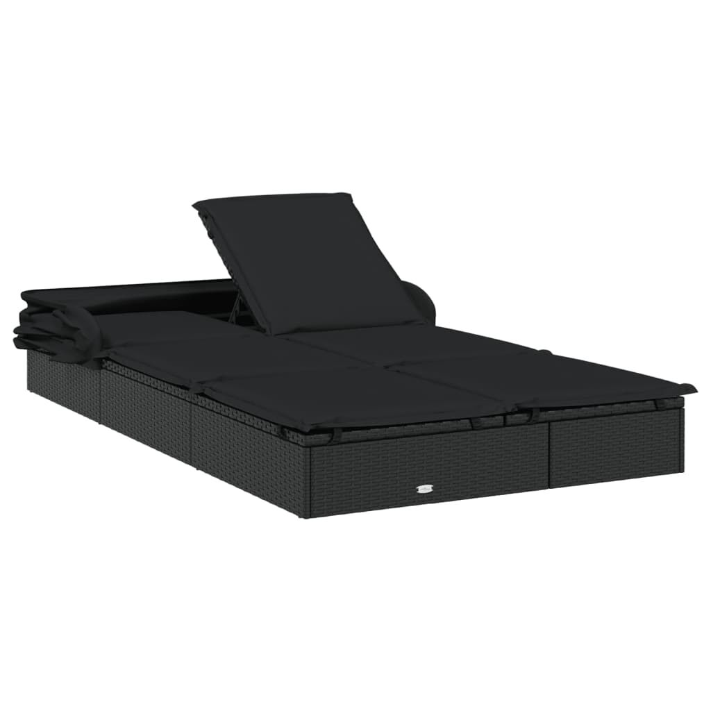 vidaXL 2-Person Sunbed with Foldable Roof Black 213x118x97 cm Poly Rattan