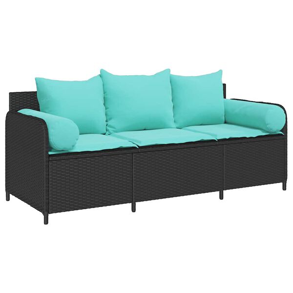 vidaXL Garden Sofa with Cushions 3-Seater Black Poly Rattan