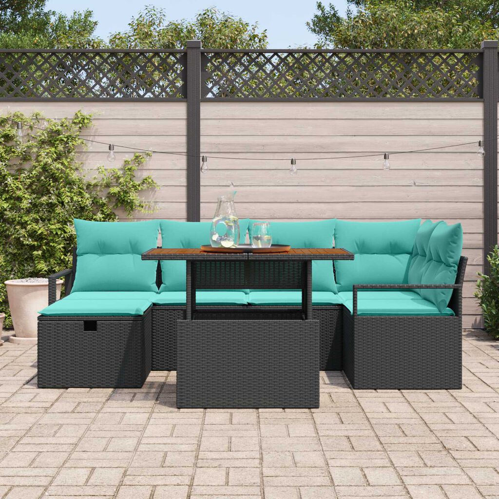 vidaXL 7 Piece Garden Sofa Set with Cushions Black Poly Rattan