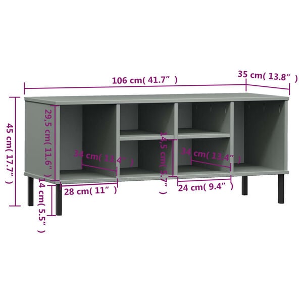 vidaXL Shoe Rack with Metal Legs Grey 106x35x45 cm Solid Wood OSLO