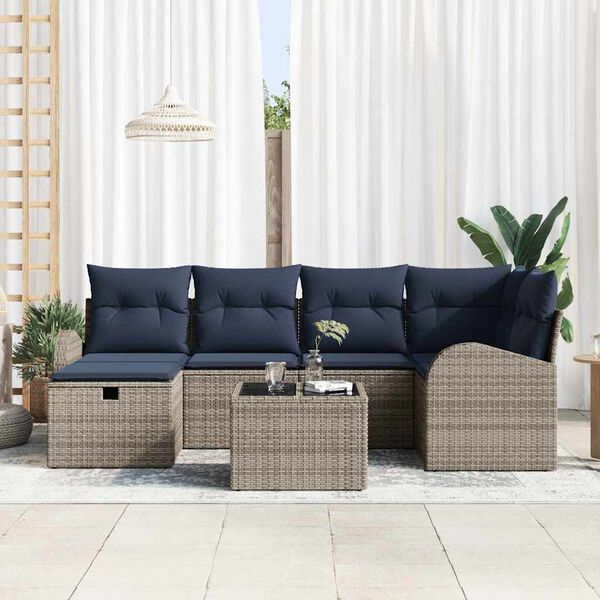 vidaXL Sofa Set with Cushion Manual 7 pcs Grey and Navy Poly Rattan
