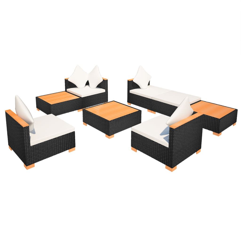 vidaXL 8 Piece Garden Lounge Set with Cushions Poly Rattan Black