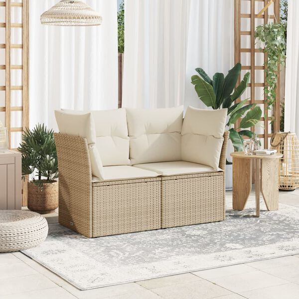 vidaXL Garden Sofa with Cushions 2-Seater Beige Poly Rattan