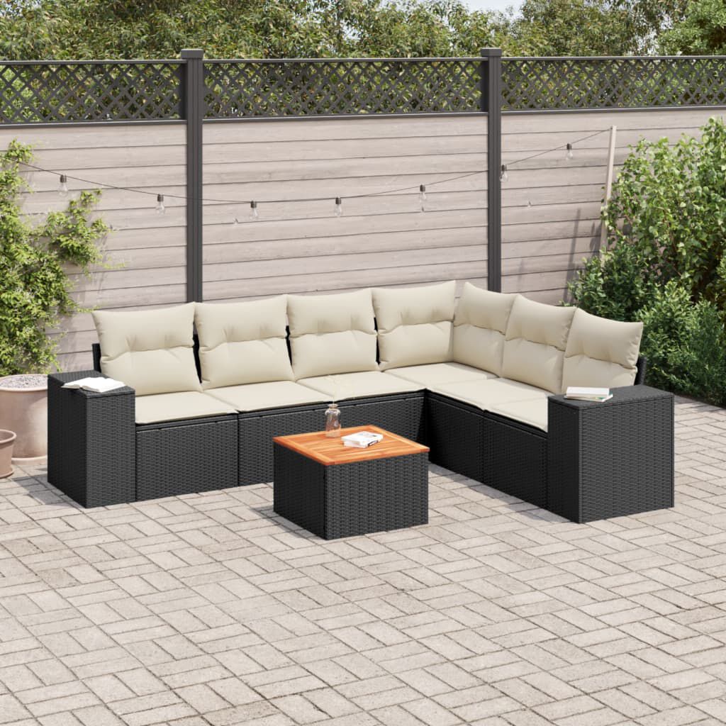 vidaXL 7 Piece Garden Sofa Set with Cushions Black Poly Rattan