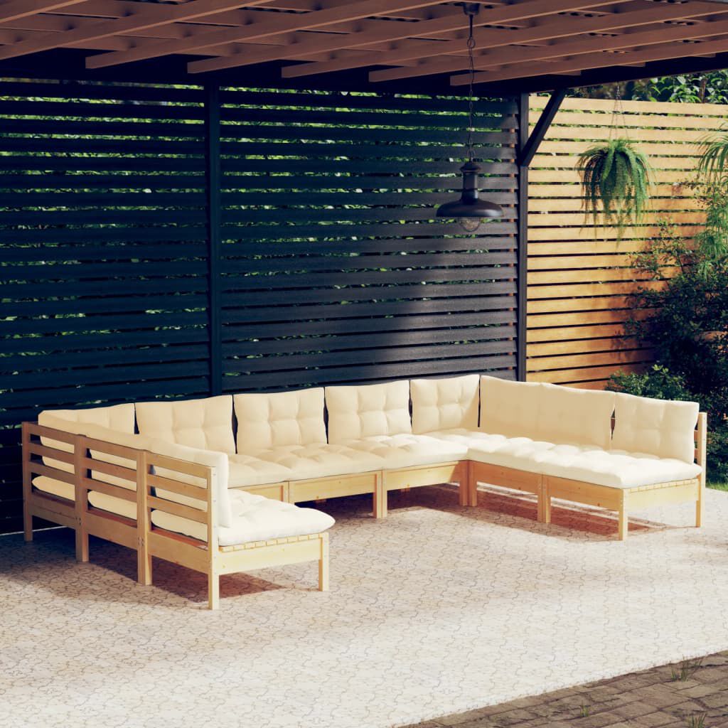 vidaXL 9 Piece Garden Lounge Set with Cream Cushions Solid Pinewood