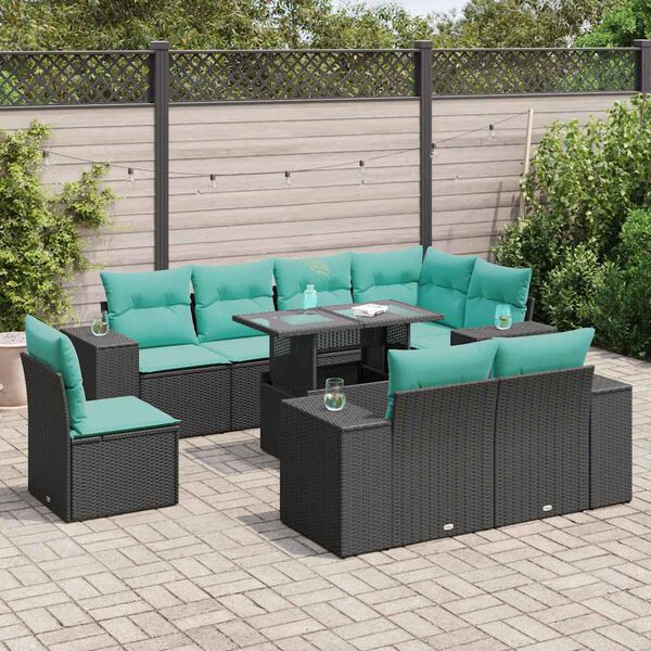 vidaXL 9 Piece Garden Sofa Set with Cushions Black Poly Rattan Acacia