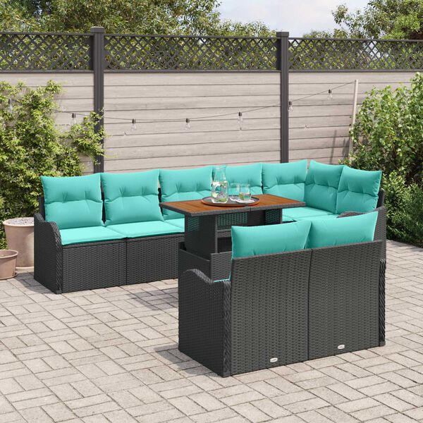 vidaXL 9 Piece Garden Sofa Set with Cushions in Black Poly Rattan and Acacia