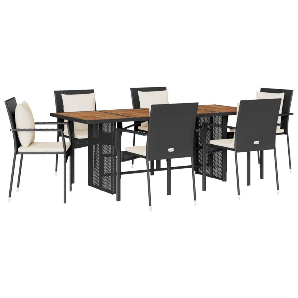 vidaXL 7 Piece Garden Dining Set with Cushions Black Poly Rattan