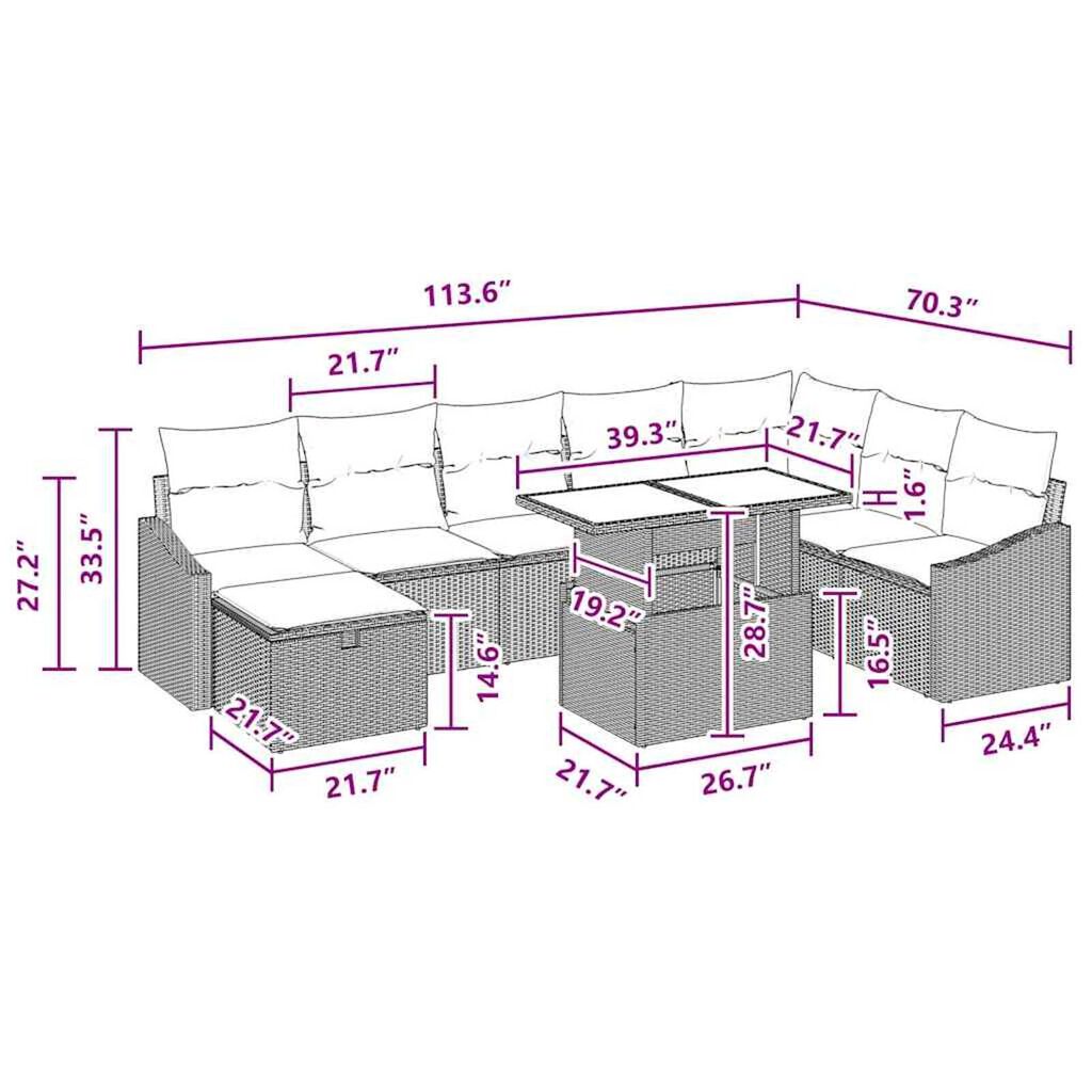 vidaXL Garden Sofa Set Height-Adjustable 9 pcs Black Poly Rattan