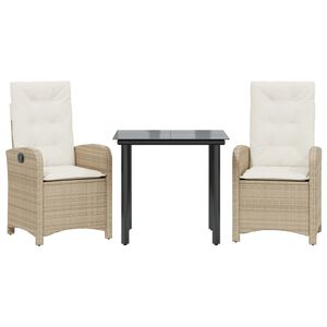 vidaXL 3 Piece Garden Dining Set with Cushions Beige Poly Rattan