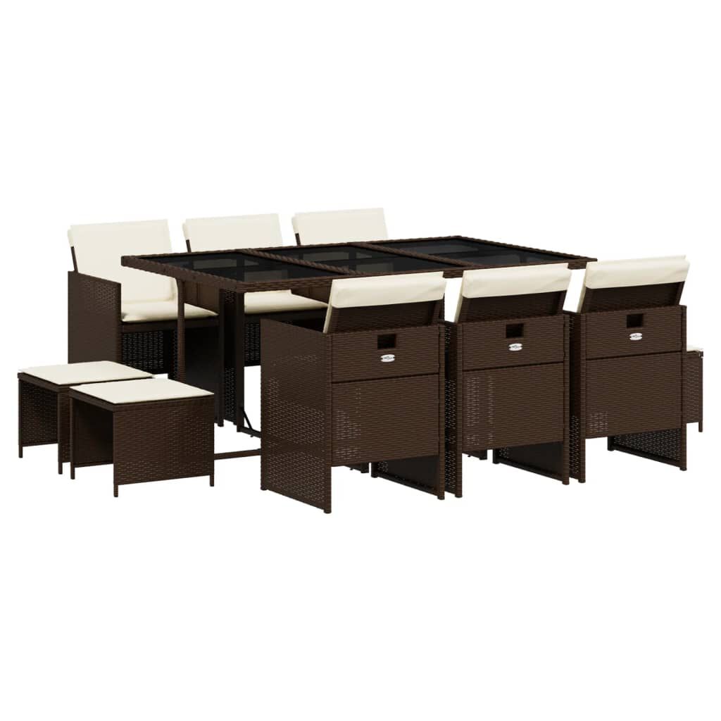 vidaXL 11 Piece Garden Dining Set with Cushions Brown Poly Rattan