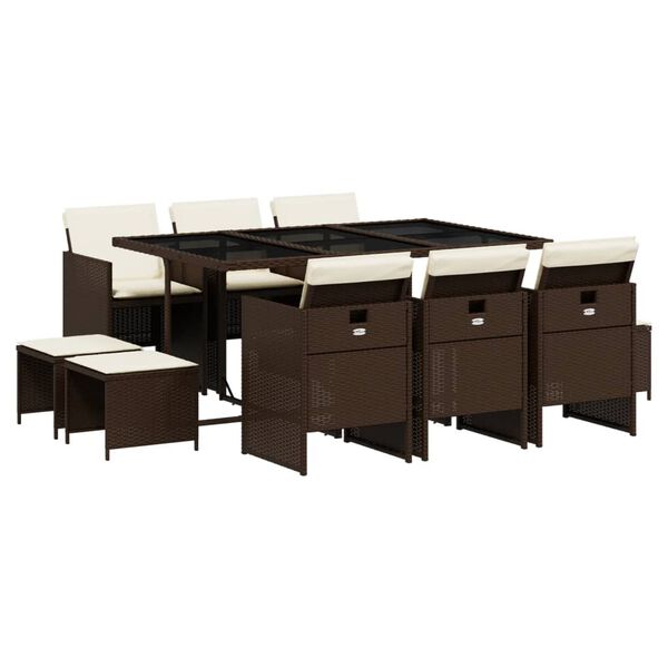 vidaXL 11 Piece Garden Dining Set with Cushions Brown Poly Rattan