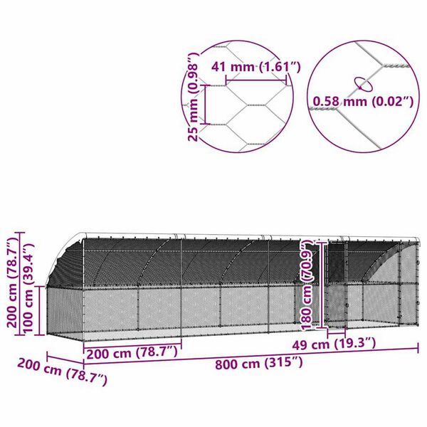 vidaXL Chicken Cage Silver 800 x 200 x 198.5 cm Galvanised steel