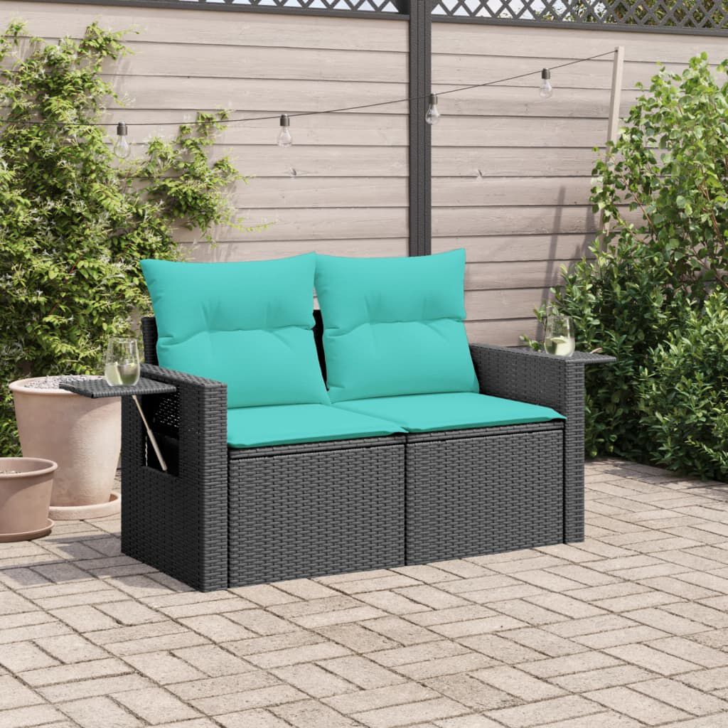 vidaXL Garden Sofa with Cushions 2-Seater Black Poly Rattan
