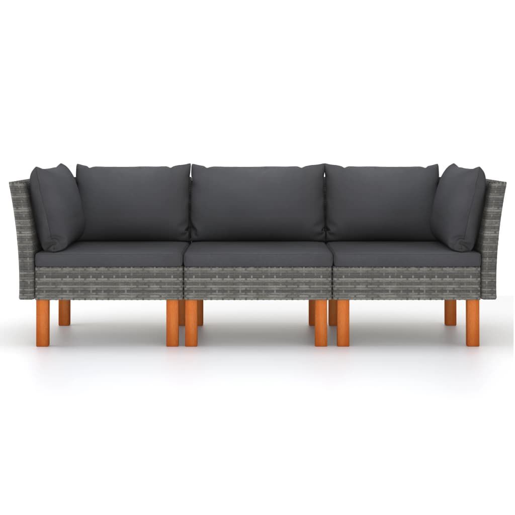 vidaXL 3-Seater Garden Sofa with Cushions Grey Poly Rattan
