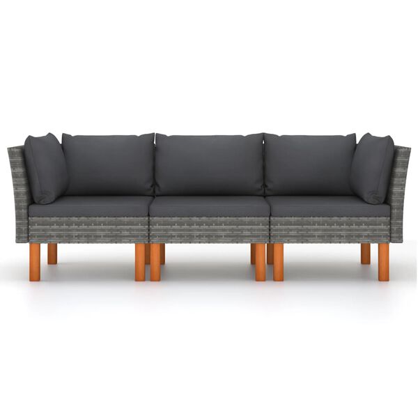 vidaXL 3-Seater Garden Sofa with Cushions Grey Poly Rattan