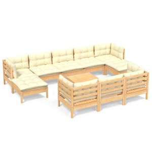 vidaXL 11 Piece Garden Lounge Set with Cream Cushions Solid Pinewood