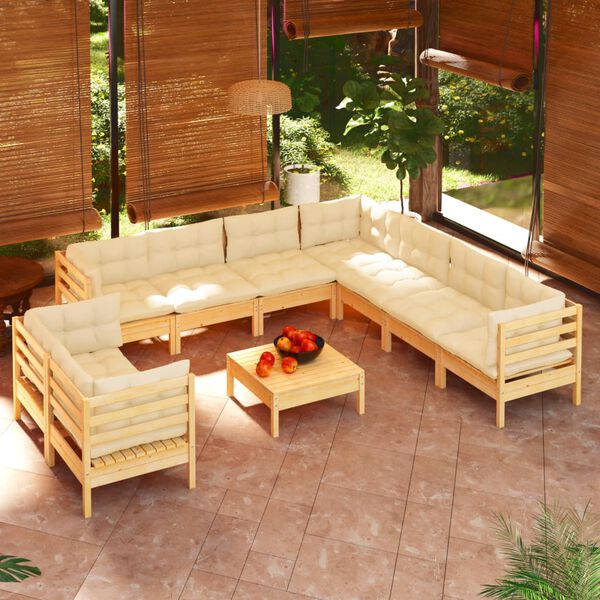 vidaXL 10 Piece Garden Lounge Set with Cream Cushions Solid Pinewood