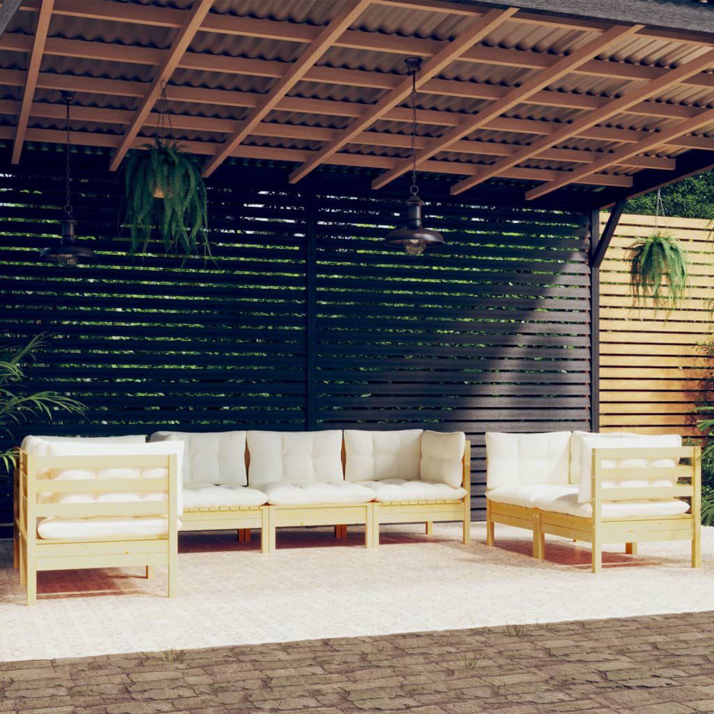 vidaXL 7 Piece Garden Lounge Set with Cream Cushions Solid Pinewood