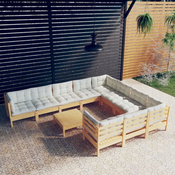 vidaXL 11 Piece Garden Lounge Set with Cream Cushions Pinewood