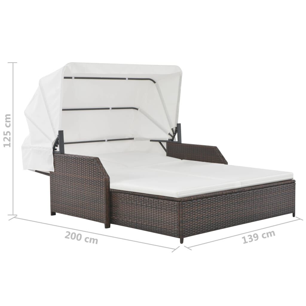 vidaXL 2-Person Sun Lounger with Canopy Poly Rattan Brown