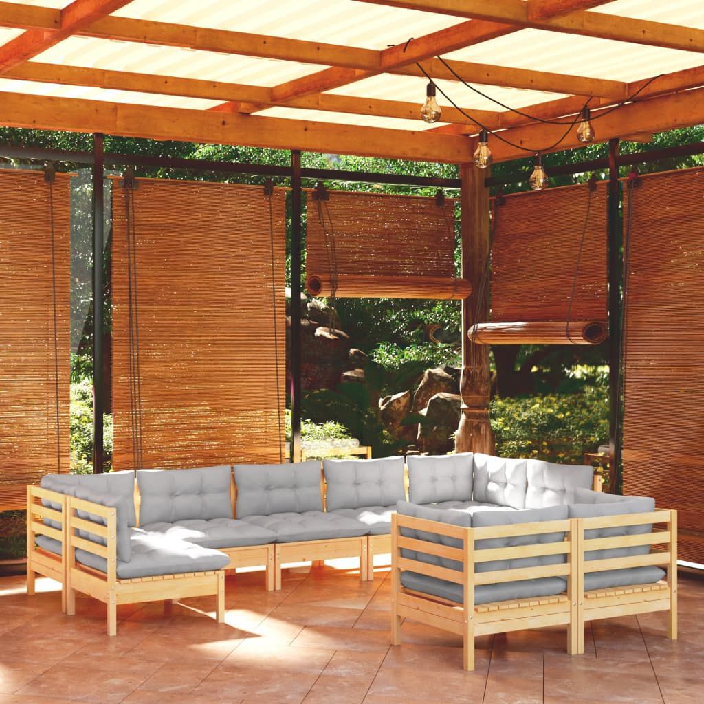 vidaXL 9 Piece Garden Lounge Set with Grey Cushions Solid Pinewood