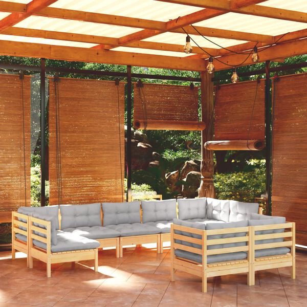vidaXL 9 Piece Garden Lounge Set with Grey Cushions Solid Pinewood