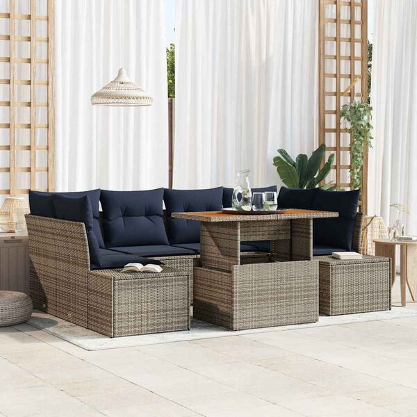 vidaXL Garden Dining Set with Cushion 7 pcs Grey and Navy