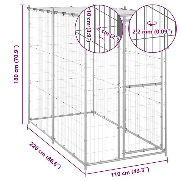 vidaXL Outdoor Dog Kennel Galvanised Steel with Roof 110x220x180 cm