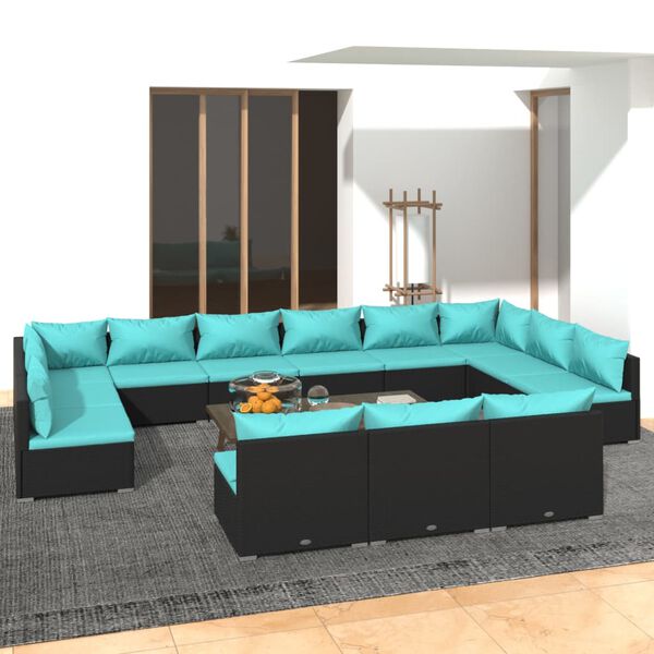 vidaXL 13 Piece Garden Lounge Set with Cushions Black Poly Rattan