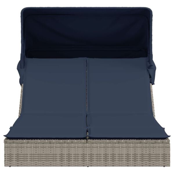 vidaXL Double Sun Lounger with Canopy and Cushions Grey Poly Rattan
