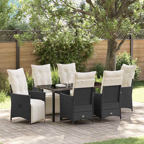 vidaXL Garden Dining Set with Cushion 7 pcs Black Poly Rattan