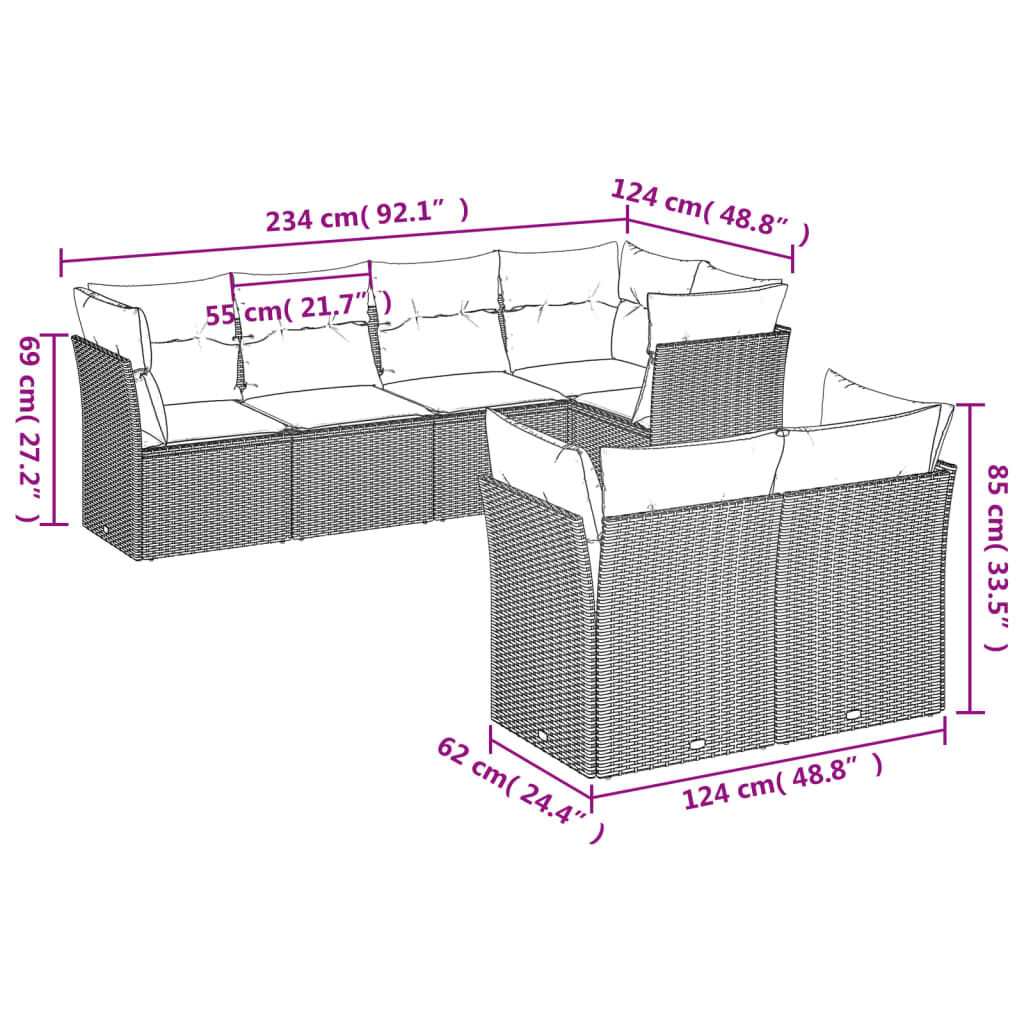 vidaXL 7 Piece Garden Sofa Set with Cushions Brown Poly Rattan